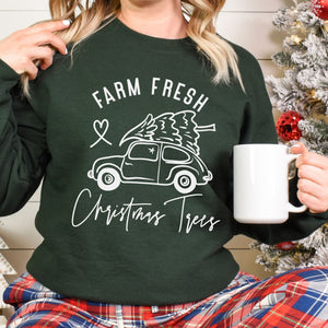 Christmas Tree Car sweatshirt in forest green CLEARANCE